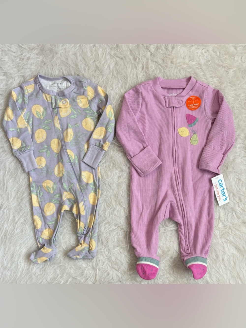 Set of 2 Baby Zip Pajamas in Lilac & Lavender Lemons & Fruit Prints
